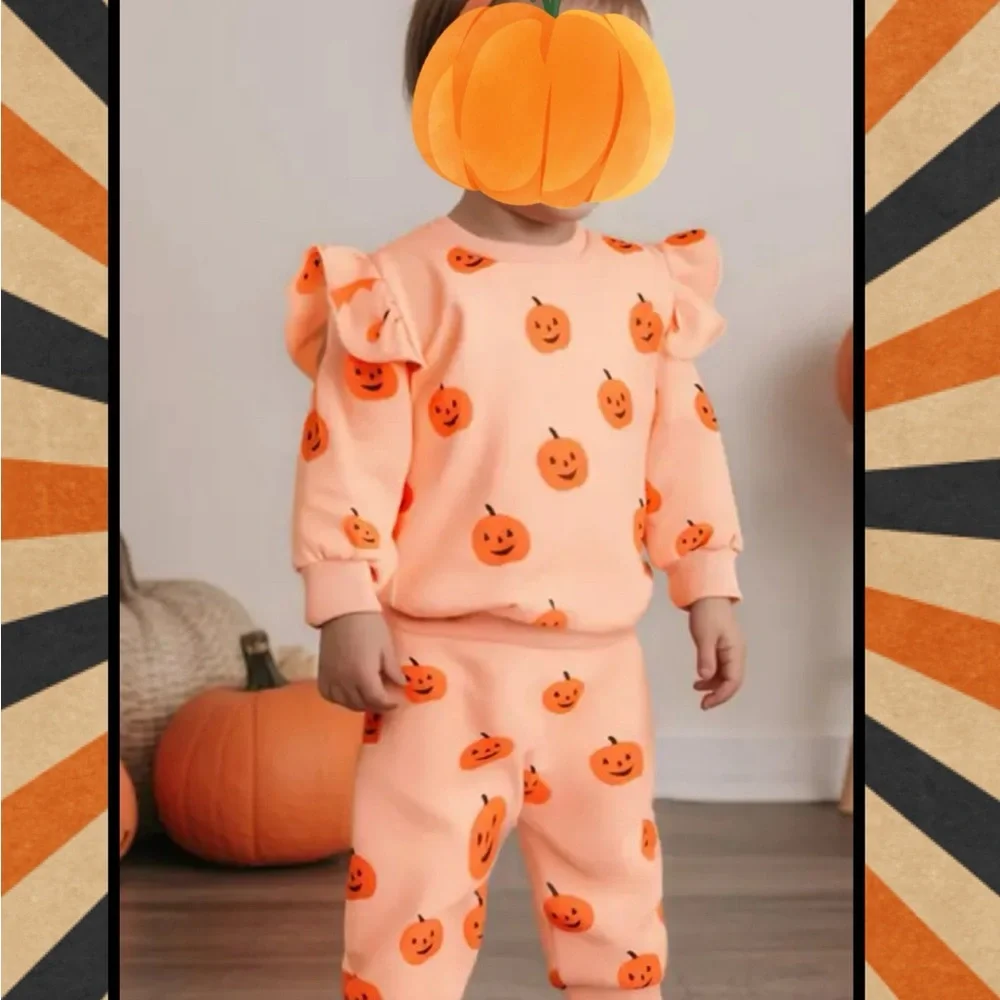 Pumpkin Print Kids Sweatshirt and Pants Set